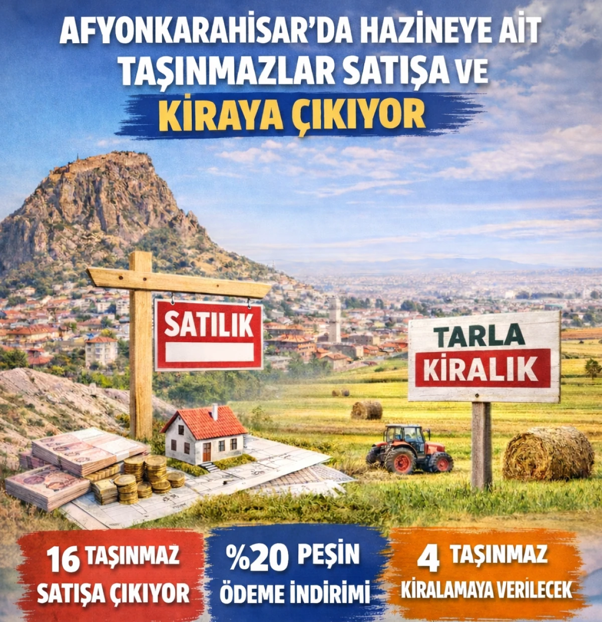 AFYONKARAHİSAR&rsquo;DA HAZİNEYE AİT TAŞINMAZLAR SATIŞA VE KİRAYA &Ccedil;IKIYOR