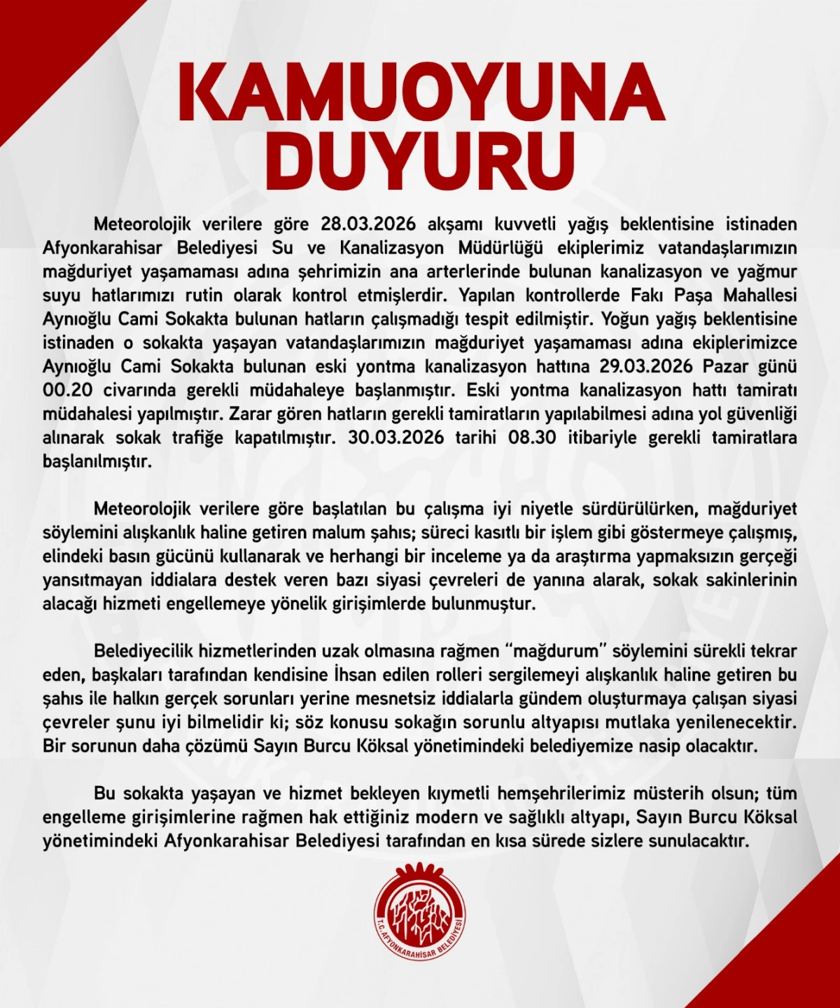 KANALİZASYON HATTI &Ccedil;ALIŞMASI HAKKINDA KAMUOYUNA DUYURU